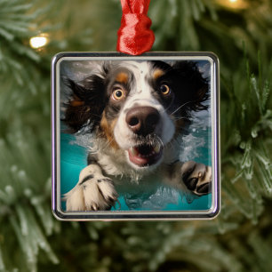 Ornement Carré Argenté Chien Excité Nageant Sous L'eau Design