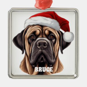 ORNEMENT CARRÉ ARGENTÉ CHIEN MASTIFF DE NOËL AVEC CHAPEAU DE PÈRE NOËL