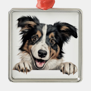 ORNEMENT CARRÉ ARGENTÉ CHIEN ROUGH COLLIE À L'AQUARELLE MAGNIFIQUE