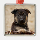 Ornement Carré Argenté Chiot Allemand En Panier (Devant)