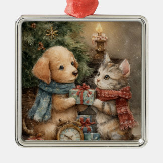 Ornement Carré Argenté Chiot et chaton de Noël Cadeau