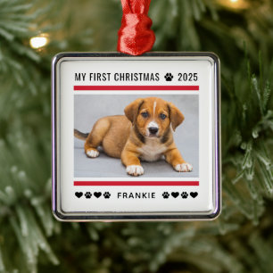 Ornement Carré Argenté Chiot First Christmas Red Custom Photo