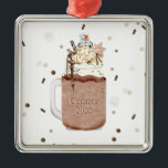 Ornement Carré Argenté Chocolat Snowman Milkshake Noël Année<br><div class="desc">Illustration d'un milk-shake au chocolat de Noël surmonté d'une crème fouettée,  d'arroses,  de chips au chocolat,  d'un fudge chaud,  d'un caramel,  d'un biscuit de Noël aux flocons de neige et d'un bonhomme de neige au marshmallow. Personnalisez avec nom et année.</div>