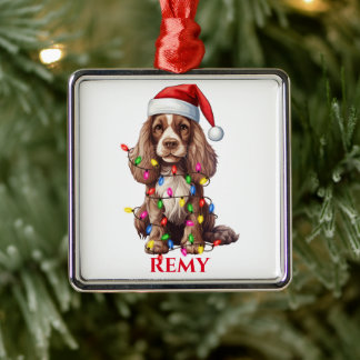 ORNEMENT CARRÉ ARGENTÉ CHRISTMAS AMÉRICAIN COCKER SPANIEL DOG