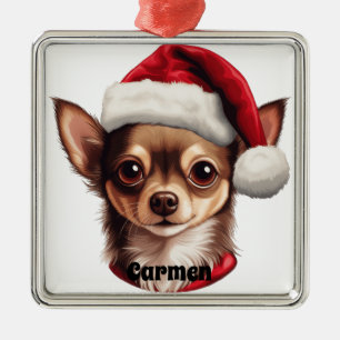 ORNEMENT CARRÉ ARGENTÉ CHRISTMAS CHIHUAHUA CHIEN AVEC SANTA HAT