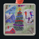 Ornement Carré Argenté Christmas Village Premier Christmas Ornament<br><div class="desc">The Holidays are such fun! As you can see in this vibrant watercolor, the residents of the Christmas Village are enjoying themselves on an icy winter afternoon skating on the frozen pond. A huge Christmas Tree has been decorated with colorful baubles and glittering tinsel and a glowing star placed on...</div>