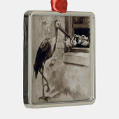 Ornement Carré Argenté Cigogne livrant le cru de bébé (Droite)