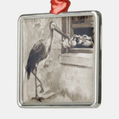 Ornement Carré Argenté Cigogne livrant le cru de bébé (Gauche)