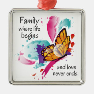 Ornement Carré Argenté Citation sur la vie familiale de papillon à l'aqua