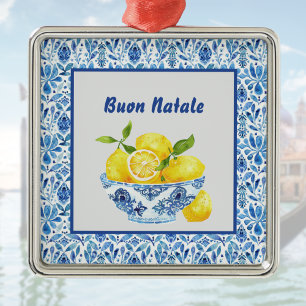 Ornement Carré Argenté Citron Méditerranéen Buon Natale Azulejo Bleu Toil