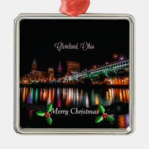 Ornement Carré Argenté Cleveland, Ohio, paysage urbain, Joyeux Noël Metal