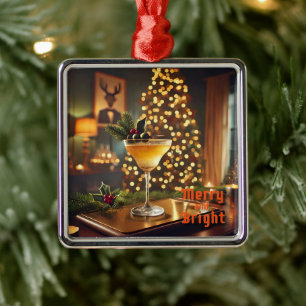 Ornement Carré Argenté Cocktail de Noël du milieu du siècle Merry & Brigh