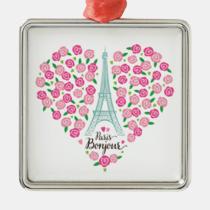 Ornement Carré Argenté Coeur floral de Paris Bonjour