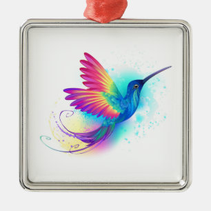 Ornement Carré Argenté Colibri arc-en-ciel exotique