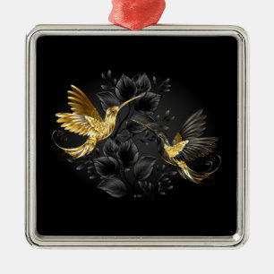 Ornement Carré Argenté Colibri noir et or