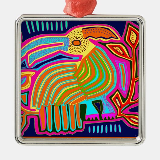 Ornement Carré Argenté Collage de Kuna Indian Mola (Devant)