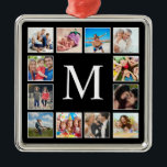 Ornement Carré Argenté Collage photo de famille personnalisée Noir person<br><div class="desc">Créez votre propre collage photo personnalisé 12,  ornement de Noël avec vos images personnalisées sur un simple arrière - plan noir moderne. Le visage de l'ornement de Noël comporte également votre monogramme. Ajoutez vos photos,  designs ou oeuvres d'art préférés pour créer quelque chose de vraiment unique.</div>