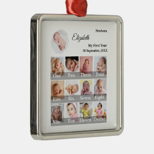 Ornement Carré Argenté Collage photo de la première année de bébé 12 mois