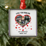 Ornement Carré Argenté Collage photo de l'anniversaire de mariage personn<br><div class="desc">Collage Personnalisé D'Anniversaire De Mariage Coeur Photo. Personnalisez ce modèle de design anniversaire avec 15 photos,  noms</div>