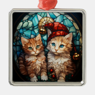 ORNEMENT CARRÉ ARGENTÉ COLORÉ VERRE STAINÉ ORANGE TABBY CUISINE