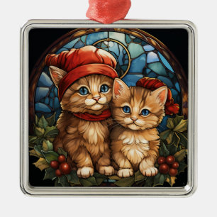 ORNEMENT CARRÉ ARGENTÉ COLORÉ VERRE STAINÉ ORANGE TABBY CUISINE