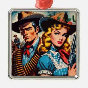 Ornement Carré Argenté Comics rétro Wild West Couple