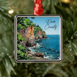 Ornement Carré Argenté Comté de Door, Wisconsin Voyage Souvenir Cadeau