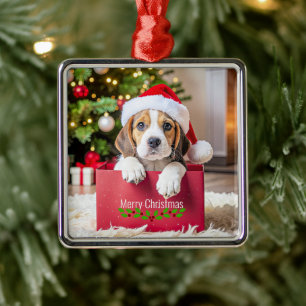 Ornement Carré Argenté Conception de Noël de chiot Beagle,