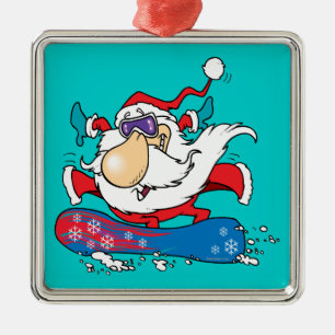 Ornement Carré Argenté cool dude snowboard santa claus