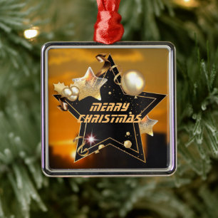 Ornement Carré Argenté Cool Moderne Black Gold Metallic Stars Noël