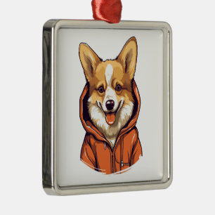 Ornement Carré Argenté Corgi Drôle Portant un Sweat à Capuche