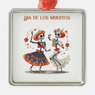 Ornement Carré Argenté Couple de squelettes dansants personnalisés Día de