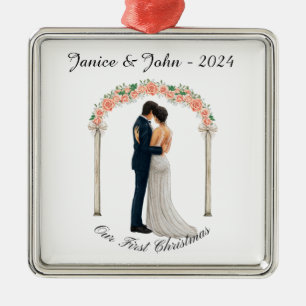 Ornement Carré Argenté couple Mariage personnalisé, notre premier Noël,
