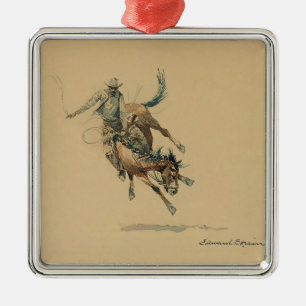 Ornement Carré Argenté Cowboy sur un cheval qui rue #3 par Edward Borein