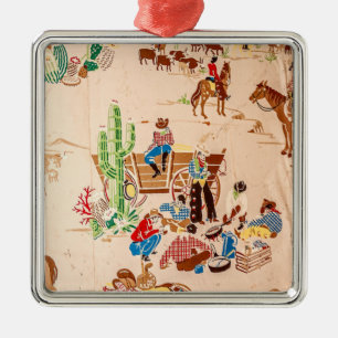 Ornement Carré Argenté Cowboys - Papier Peint Vintage - Céramique Occiden
