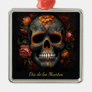 Ornement Carré Argenté Crâne de sucre floral Dia de los Muertos Calavera