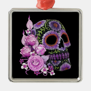 Ornement Carré Argenté Crâne de sucre rose floral noir Jour des morts