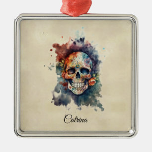 Ornement Carré Argenté Crâne personnalisé Calavera Hermosa Jour des Morts