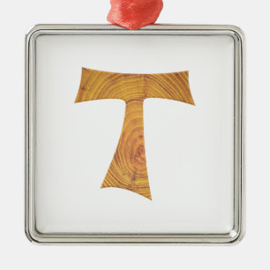 Ornement Carré Argenté Croix de Tau franciscaine en bois