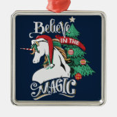Ornement Carré Argenté Croyez en la magique Unicorn Noël (Devant)