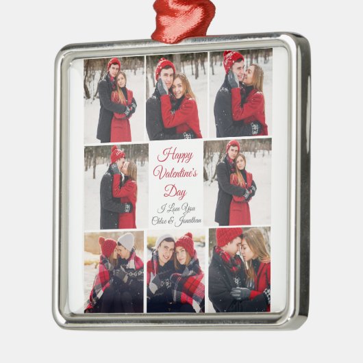Ornement Carré Argenté Custom Valentine's Day Romantic Love Photo Collage (Gauche)