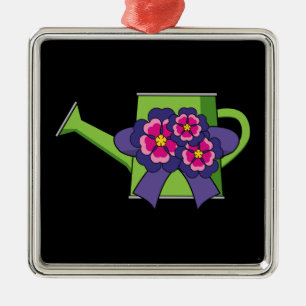 Ornement Carré Argenté Cute arrosage canne avec Bouquet de fleurs