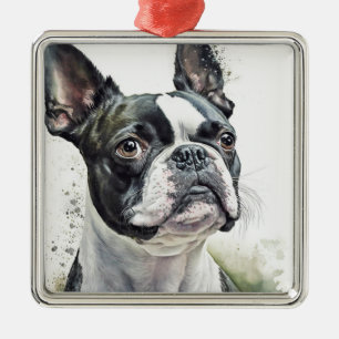 ORNEMENT CARRÉ ARGENTÉ CUTE CHIEN DE TERRIER BOSTON NOIR & BLANC