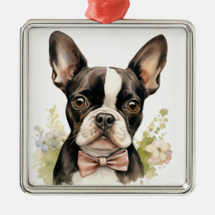 ORNEMENT CARRÉ ARGENTÉ CUTE CHIEN DE TERRIER BOSTON NOIR & BLANC