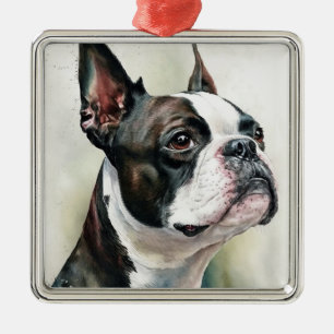 ORNEMENT CARRÉ ARGENTÉ CUTE CHIEN DE TERRIER BOSTON NOIR & BLANC