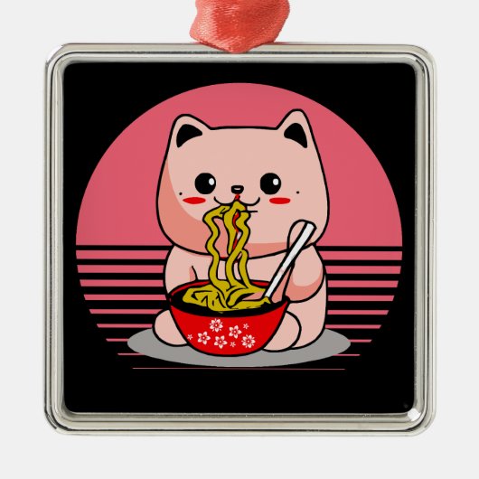 Ornement Carré Argenté Cute Kawaii chat ramen (Devant)