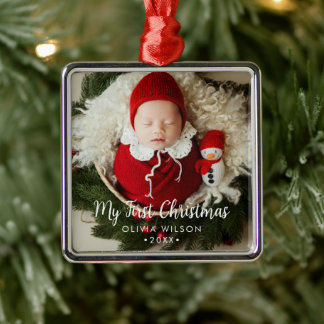 Ornement Carré Argenté Cute My First Christmas Newborn Baby Photo