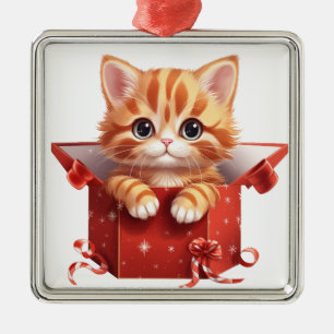 ORNEMENT CARRÉ ARGENTÉ CUTE NOËL ORANGE TABBY CUISINE DANS UNE BOÎTE ROUG