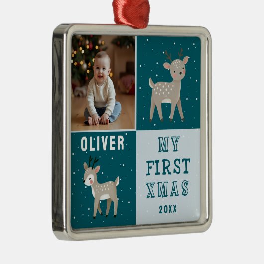 Ornement Carré Argenté Cute Personalized Baby Photo Reindeer Christmas (Droite)