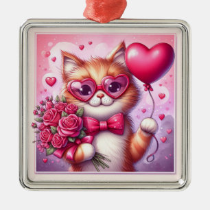 Ornement Carré Argenté Cute Valentine's day cat/chaton